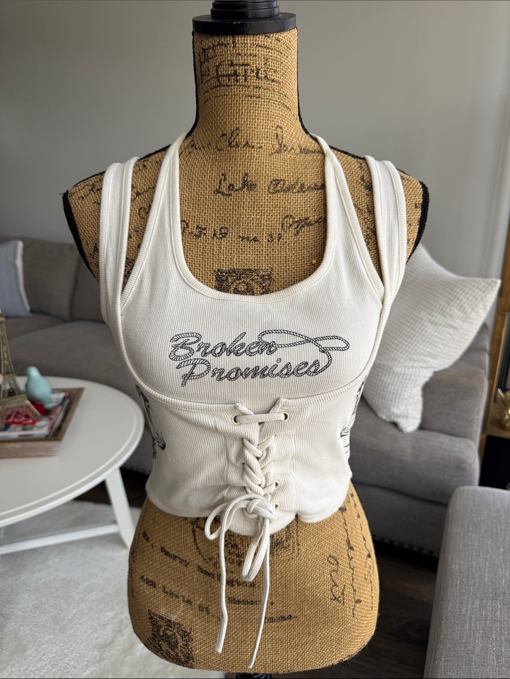Broken Promises Lace-Up Ivory Tank Top